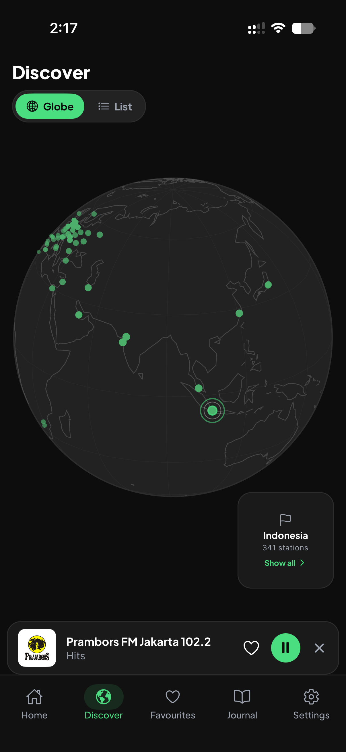 Discover globe view in the Dive Radio app