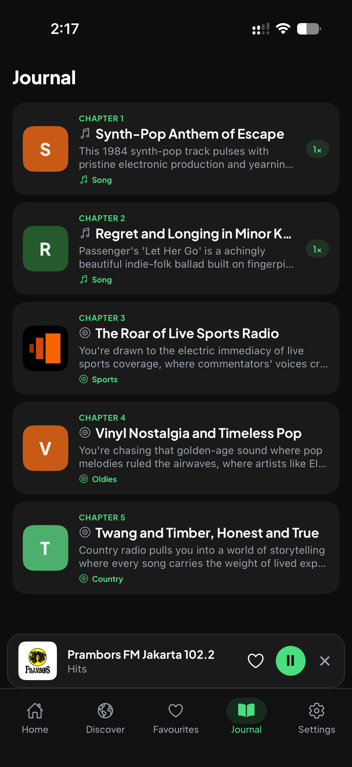 Journal view summarizing listening history into chapters